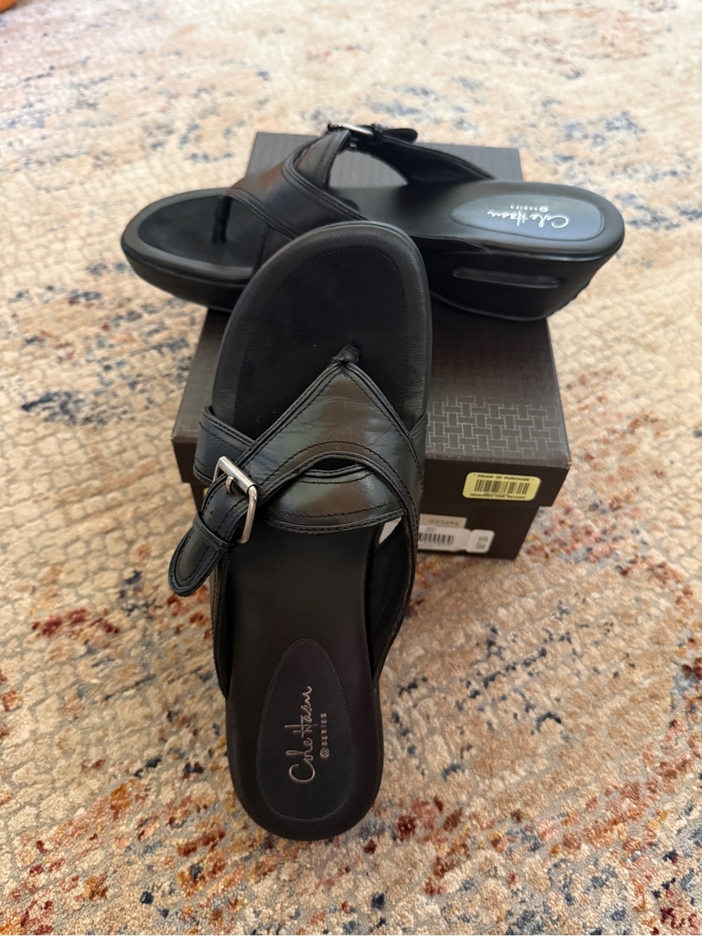 Cole Haan Black Leather Wedge Thong Sandals with Buckle